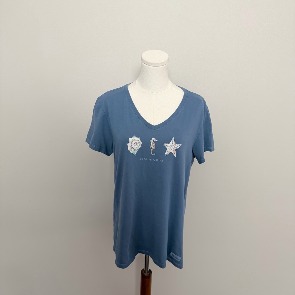 Life Is Good Tee Shirt Top Graphic Seahorse Seashells Starfish Beach Travel Blue